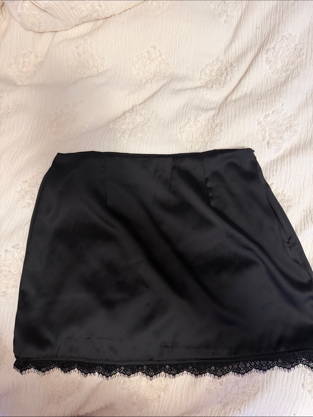 Princess Polly Black Satin Mini Skirt with Lace Hem